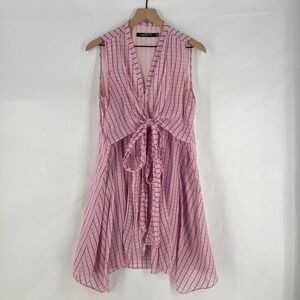 Gabby Isabella Mini Dress Womens Medium Pink Black Windowpane Tie Front Zip